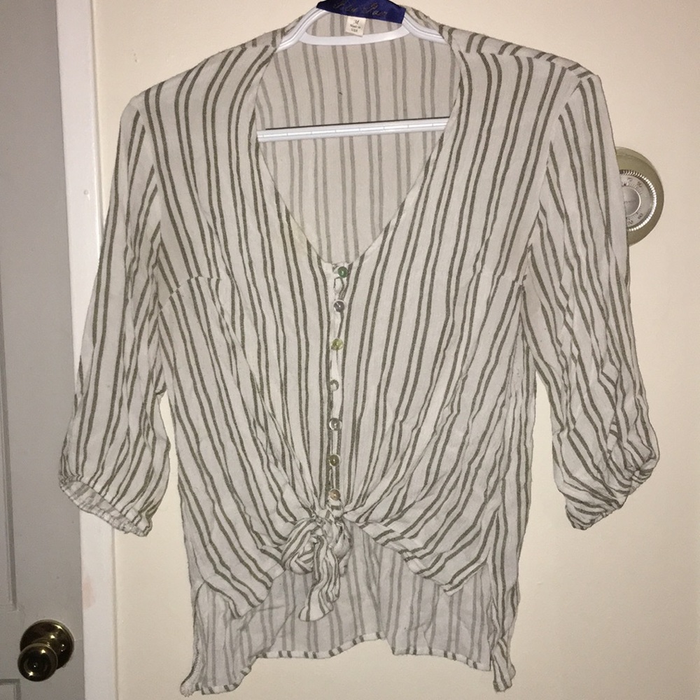 Green and white striped button down shirt